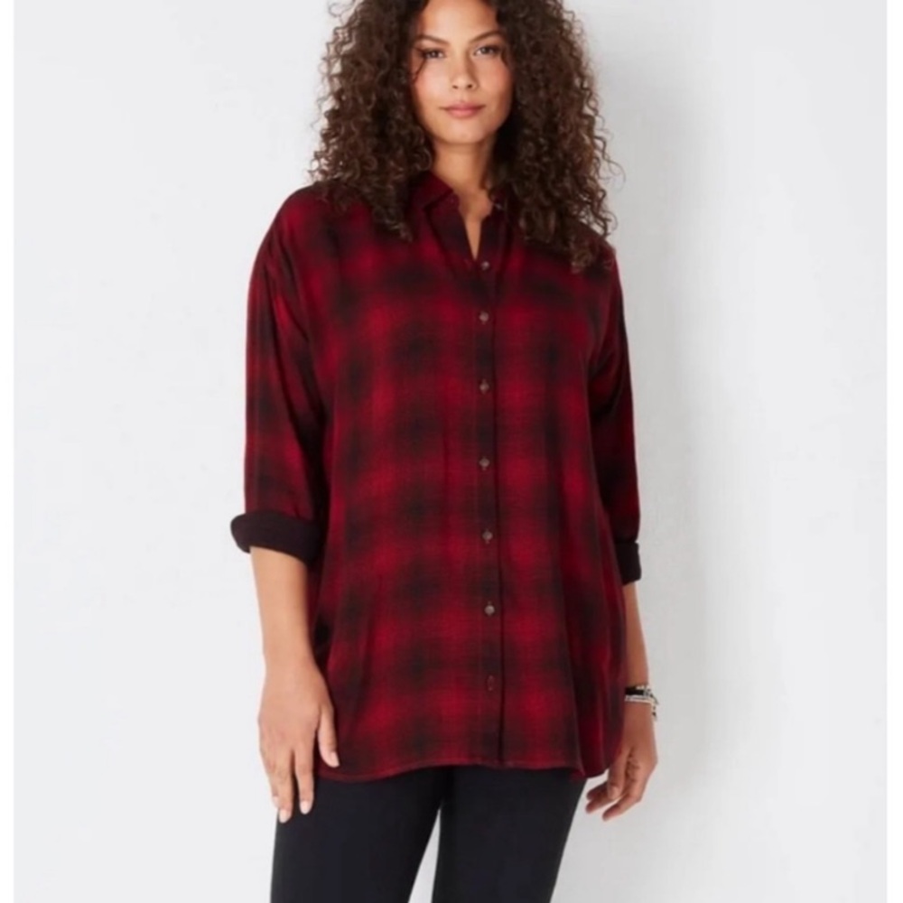 J Jill Red & Black Plaid Double Cloth Pocket Tunic Women's L